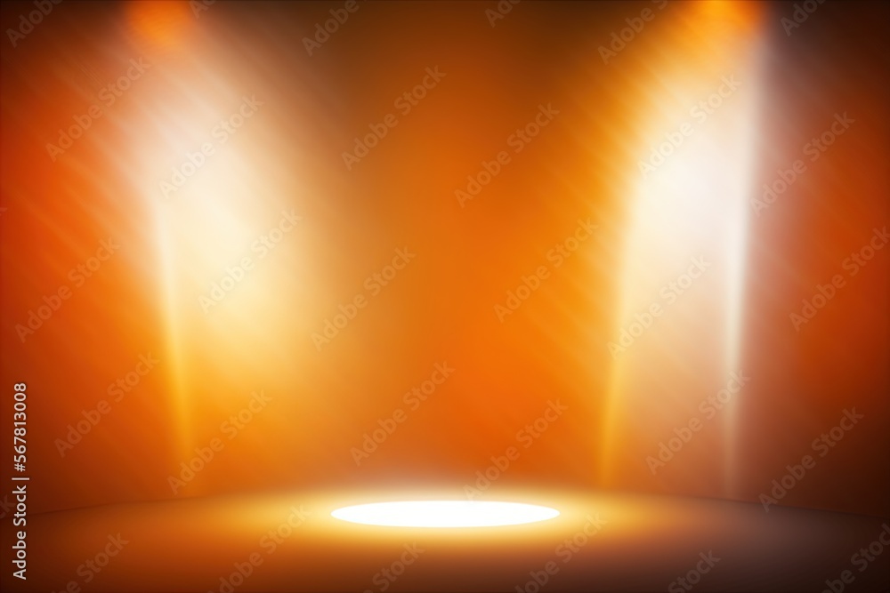 Poster a bright orange background with spotlights and a spot for text on the bottom of the image is an empt