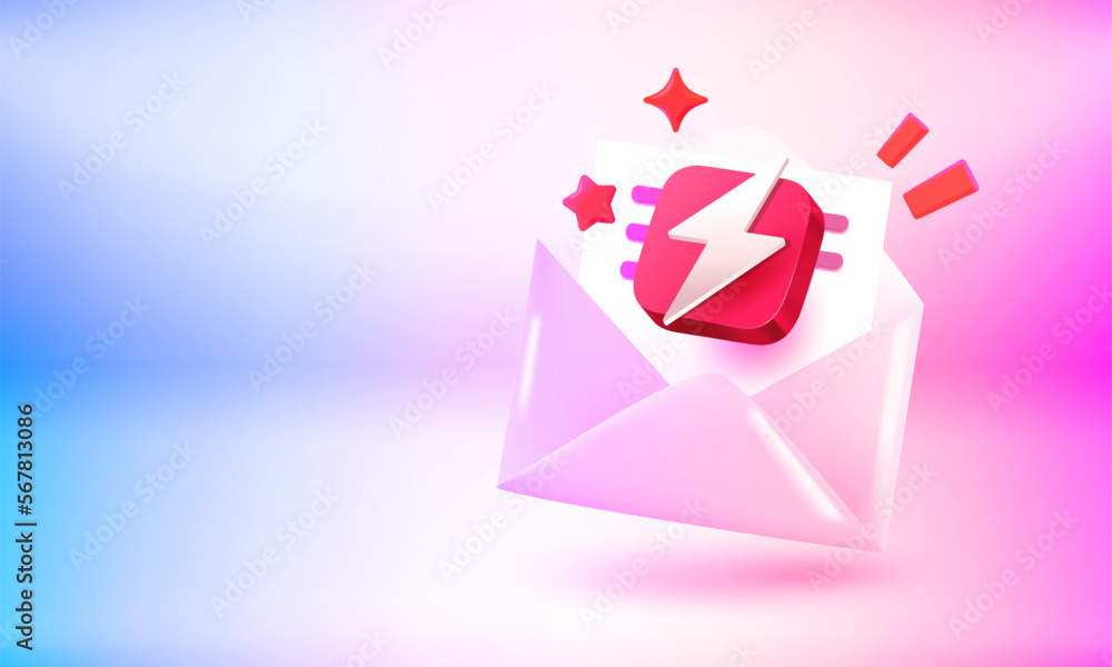 Poster Yellow paper envelope with spam concept. 3d vector banner with copy space