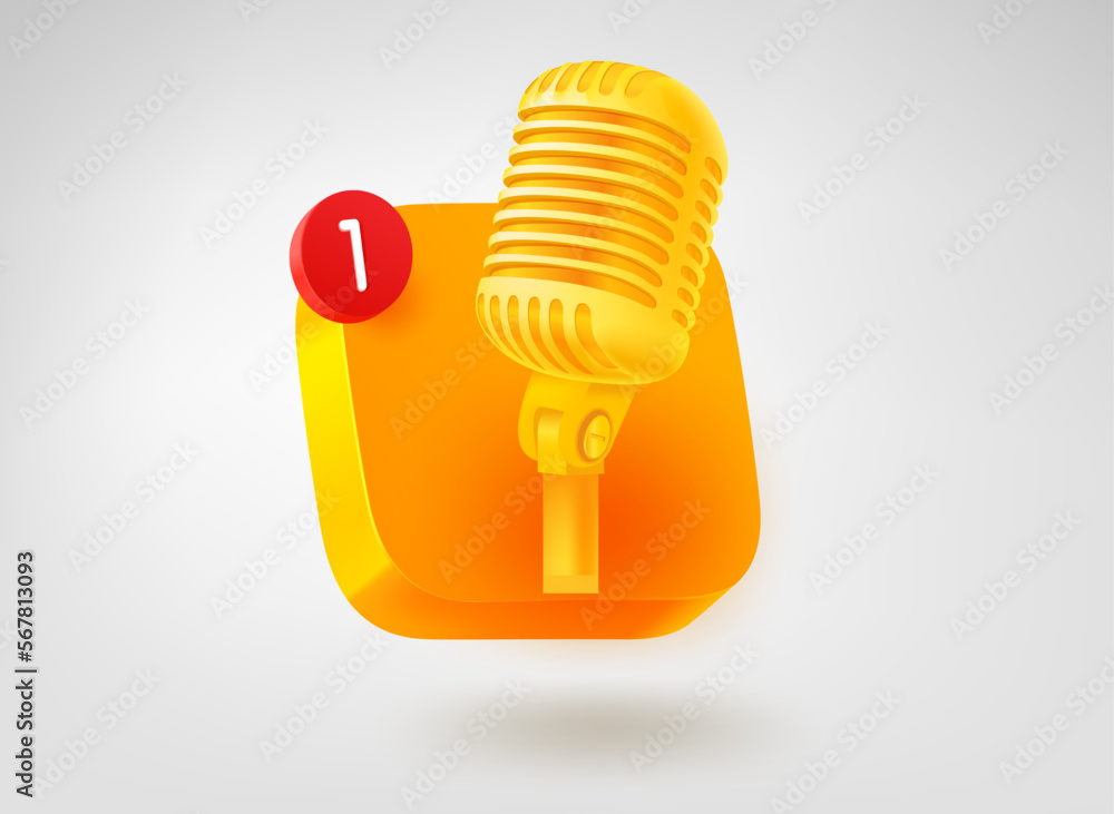 Aufkleber Golden microphone button. 3d vector mobile application icon
