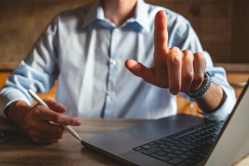Businessman touching the screen with a stylus in hand. For business illustration floating screen mockup. Typing in the air and pointing towards the camera