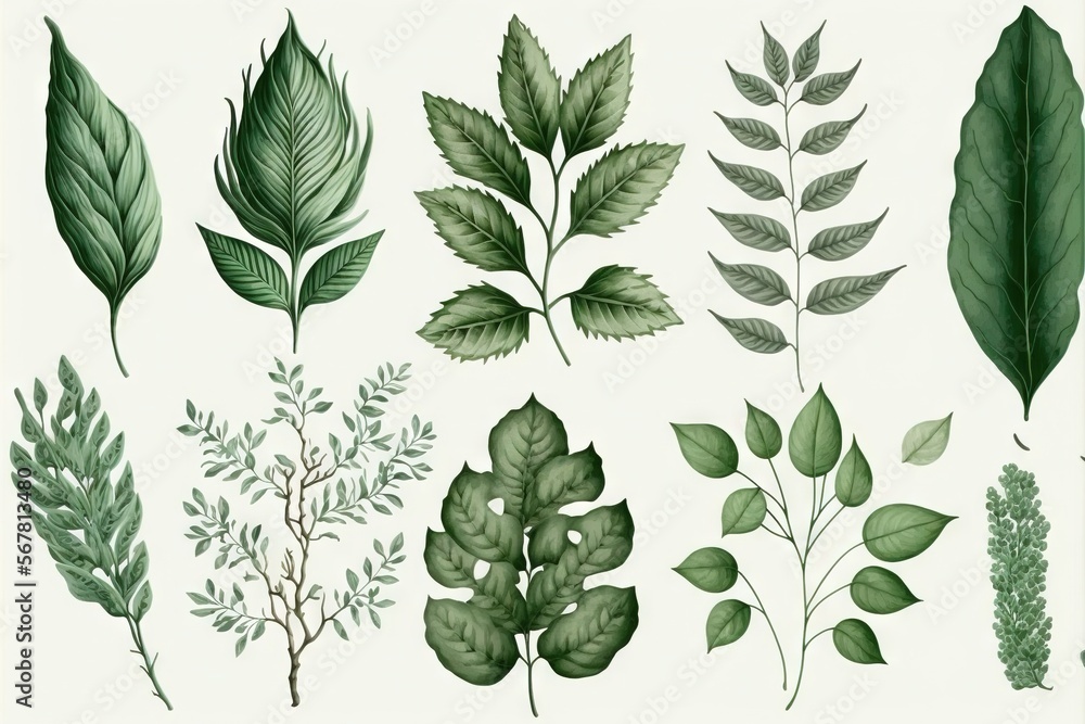 Poster a bunch of different types of leaves on a white background with a green border around the edges of t