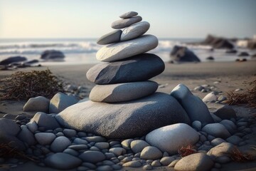 Fototapeta na wymiar Stack zen stones on pebble beach, generative ai