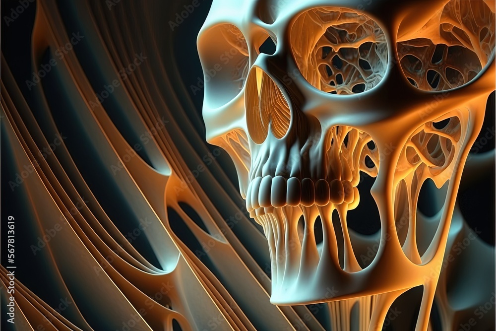 Poster a computer generated image of a human skull with orange and blue swirls on it's side and a black bac