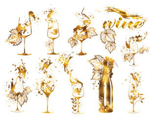 Wine Designs - Collection of wine glasses and bottles. Hand drawn elements for invitation cards, advertising banners, menus in gold style. Wine glasses with splashing wine. Sketch vector illustration