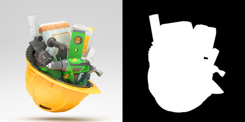 different tools set inside the helmet concept of repair tools warehouse promotion 3d render with alpha