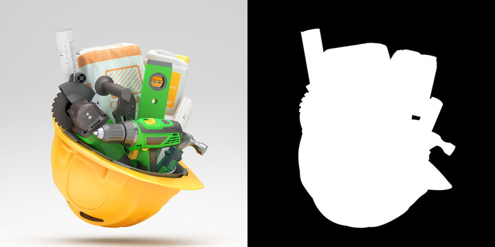 different tools set inside the helmet concept of repair tools warehouse promotion 3d render with alpha