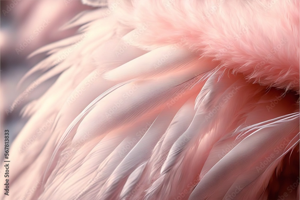 Poster a close up of a pink and white bird's feathers with a blurry background of the feathers and the feat
