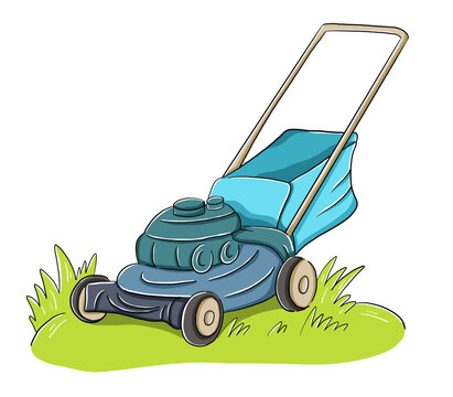 Hand drawn colorful cartoon vector illustration with lawnmower, mower clipart