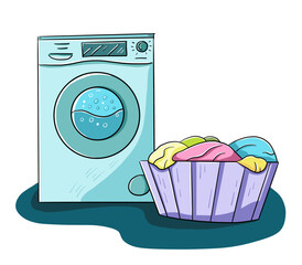 Hand drawn colorful cartoon vector image with washing mashine, clothing clipart