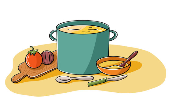Hand drawn colorful cartoon vector image with soup, cooking, vegetables