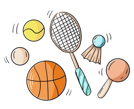 Hand drawn colorful vector image with badminton, basketball, sport equipment, cute illustration for children daily plan