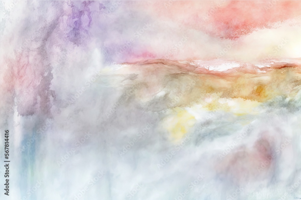 Poster a painting of a mountain with a sky in the background and clouds in the foreground with a blue sky i