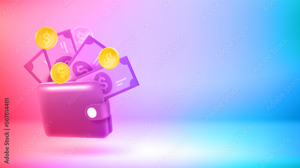 Poster dollar banknotes in the wallet. vector 3d banner with copy space