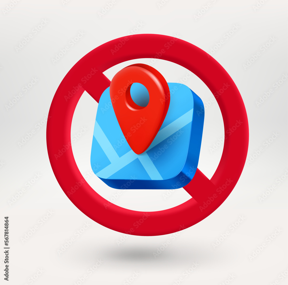 Poster Map position icon in red circle with crossed line. No travel concept. 3d vector icon 