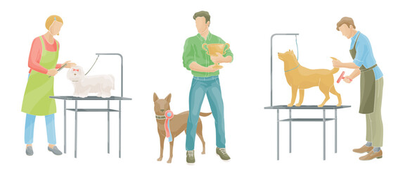 Grooming Services Specialists preparing pets for dog show, man with cup best in show and his dog, color vector illustration