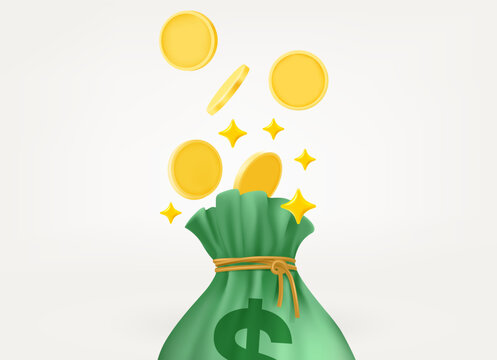 Earn big money concept with bag and coins. 3d vector illustration isolated on white background