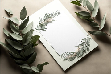 Wedding invitation card mockup with natural sage twigs. Blank card mockup on beige background.