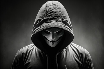 Computer hacker in black mask and hoodie. Obscured dark face. Data thief, internet fraud, cyber security concept.Generative AI.