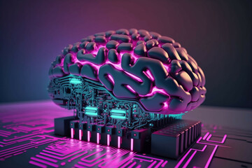 cyborg human brain attached installed to electronic cyber board on digital background, new quality universal colorful joyful technology stock image illustration design generative ai