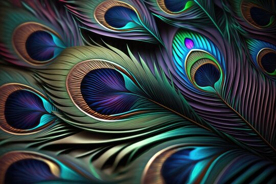 3D wallpaper colorful peacock feathers background. Generative AI
