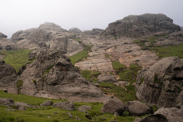 View of The Giants rock massif in Cordoba, Argentina, in a foggy morning.