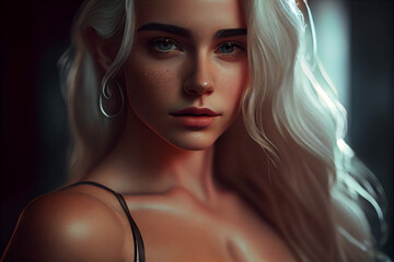 Photorealistic painting of an adorable AI generated young woman with blonde hair
