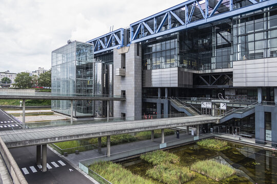 View of the City of Science and Industry (Cite des Sciences et de l'Industrie) building, the largest science museum in Europe. Parc de la Villette. Paris, France. AUGUST 17, 2021.