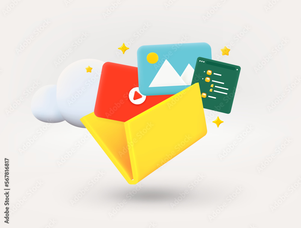 Poster yellow folder with galley, video and charts. new message concept. 3d vector illustration