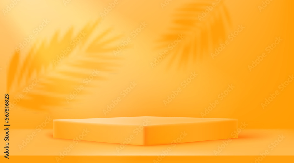 Aufkleber Empty illuminated room with square platform and shadows of leaves on the wall. Realistic 3d style vector illustration