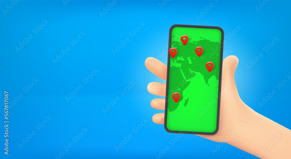 Aufkleber cartoon hand holding modern smartphone with navigation application. world travel concept. 3d vector 