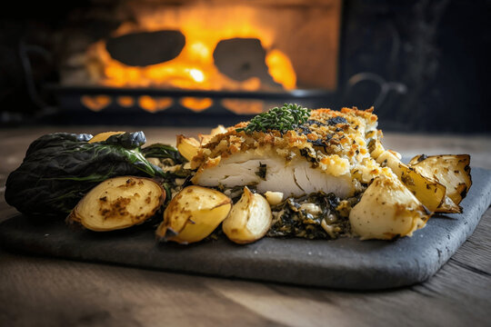 "Bacalhau com broa" codfish baked in the oven with roasted potatoes, red pepper, parsley, olives and onion and olive oil, popular portuguese dish ai generative