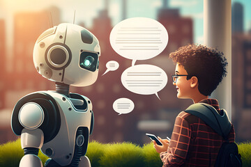 Artificial Intelligence in Education. College student learning from a robot by having conversation, chat message bubbles and getting homework assignment help. Generative AI