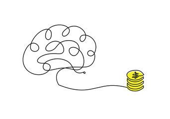 Abstract color coins dollar with brain as continuous lines drawing on white