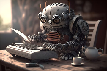 Artificial Intelligence Copywriter bot using chatgpt by open ai for content writing concept with typewriter. Ai copywriting using Generative AI - obrazy, fototapety, plakaty
