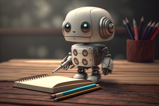 Artificial Intelligence in education, ChatGPT chat bot writing homework for school students holding pen and notebook. Generative AI