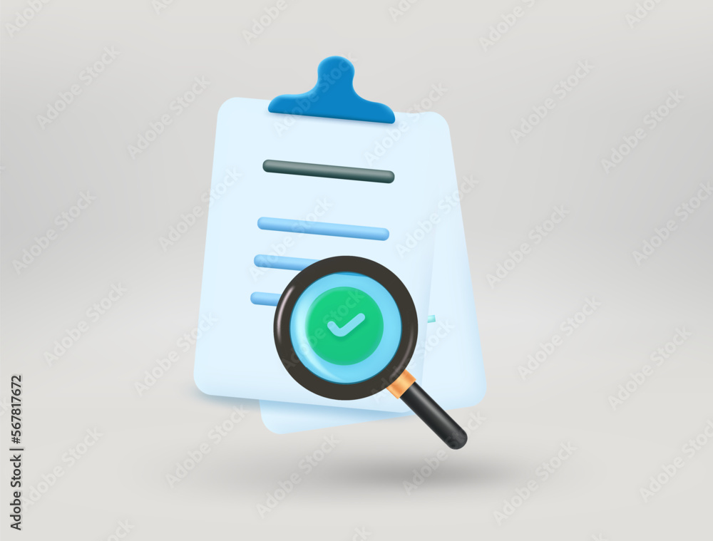 Poster searching information concept with paper sheets and magnifier. 3d vector illustration