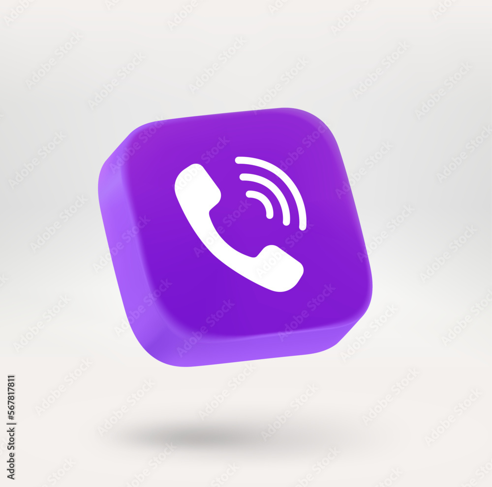 Poster violet button with cellphone tube. 3d vector icon isolated on white background