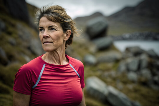 Ultra Distance Runner Pausing To Admire Beautiful Welsh Countryside. Generative AI.