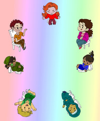 Chibi illustration of a group of different people with colorful clothes sitting in a circle