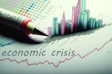 Economic Crisis in Illustration: Financial Struggles, Job Loss, Market Crashes, and Recovery Efforts. Generative AI.