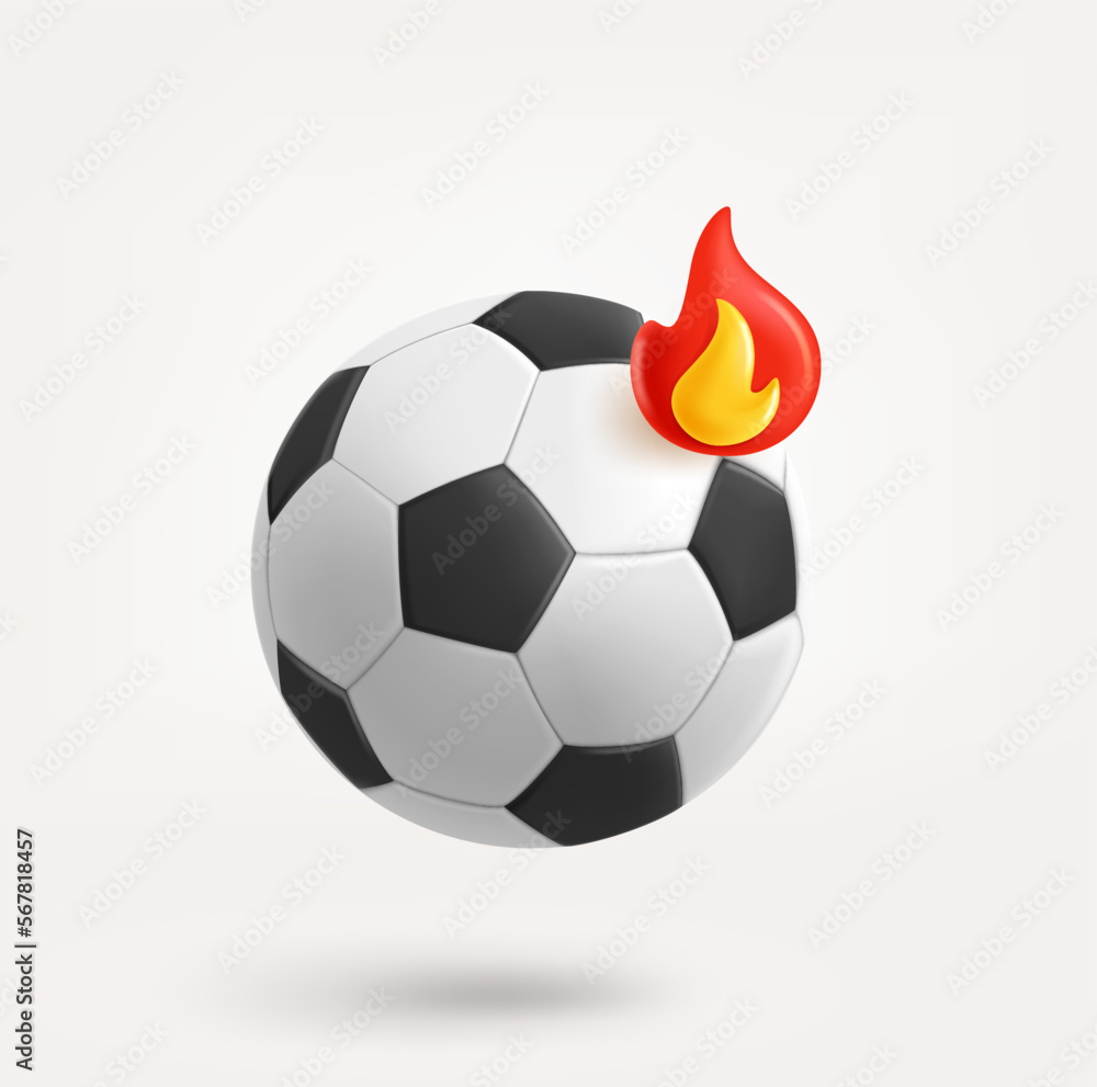 Poster soccer ball with flame symbol. 3d vector icon isolated on white background