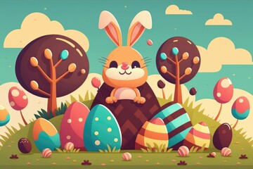 Happy Bunny And Easter Eggs Cartoon. Easter Bunny, Easter Rabbit, Easter Hare Concept. Generative AI