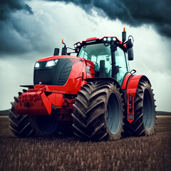 Modern red agricultural tractor. Agricultural tractor working in the field. Agricultural machinery work. generative AI