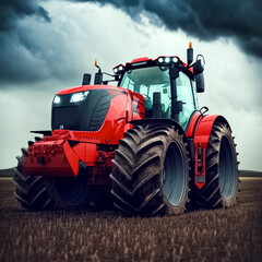 Obraz premium Modern red agricultural tractor. Agricultural tractor working in the field. Agricultural machinery work. generative AI