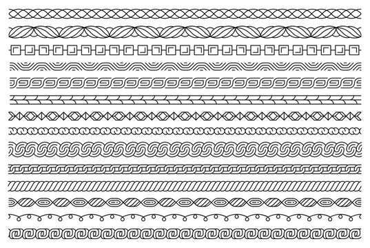 Plaits pattern. Set of rope and chain. Braid seamless borders. Graphic vector seamless illustrations