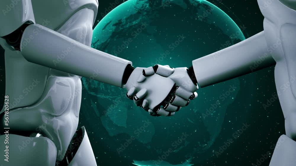 Poster 3d rendering hominoid robot handshake to collaborate future technology development by ai thinking br