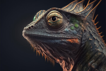Close up of a beautiful brightly colored chameleon. Endemic chameleon. Chameleon looking away. generative AI


