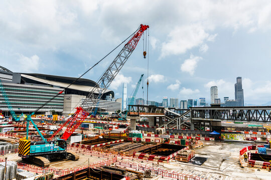 Hong Kong - July 20, 2019: View of construction works site with cranes in Wan Chai Hong Kong