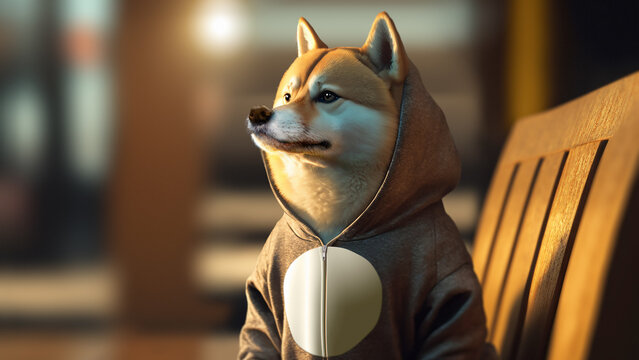 Shiba Inu crypto with hoodie, a fox wears a sweatshirt, illustration created with the help of a generative AI.