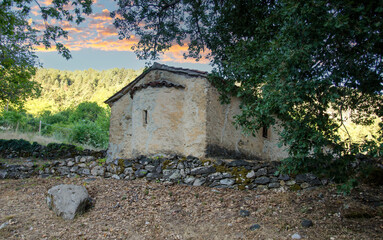 old small stone church on the hill .Zarouhla village, Achaea. Greece